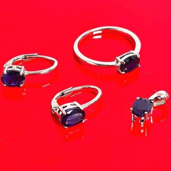Natural Blue Sapphire set "Celeste". 925 Sterling  Earrings, Pendant, Ring 5.75 - Picture 15 of 15